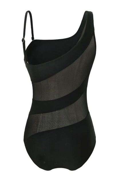 One Shoulder Patchwork Black One-piece Swimsuit - Seldom Seen Styles