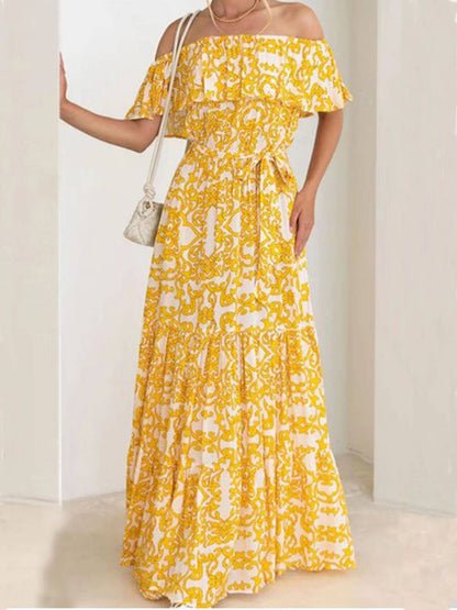 One-Shoulder Short-Sleeve Printed Ruffle Maxi Dress - Seldom Seen Styles