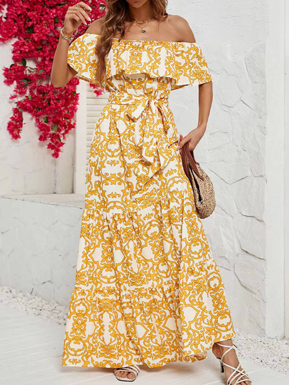 One-Shoulder Short-Sleeve Printed Ruffle Maxi Dress - Seldom Seen Styles