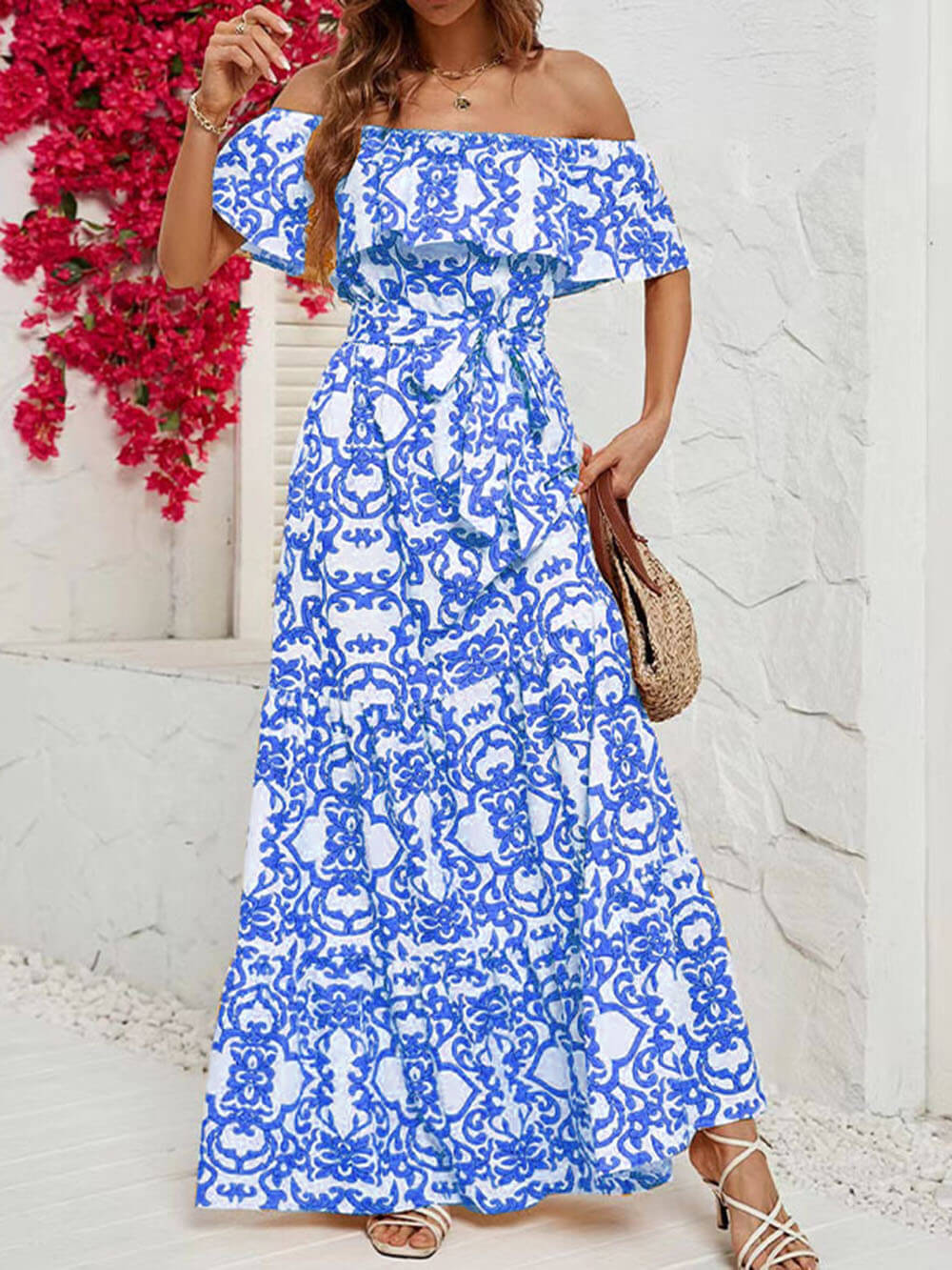 One-Shoulder Short-Sleeve Printed Ruffle Maxi Dress - Seldom Seen Styles