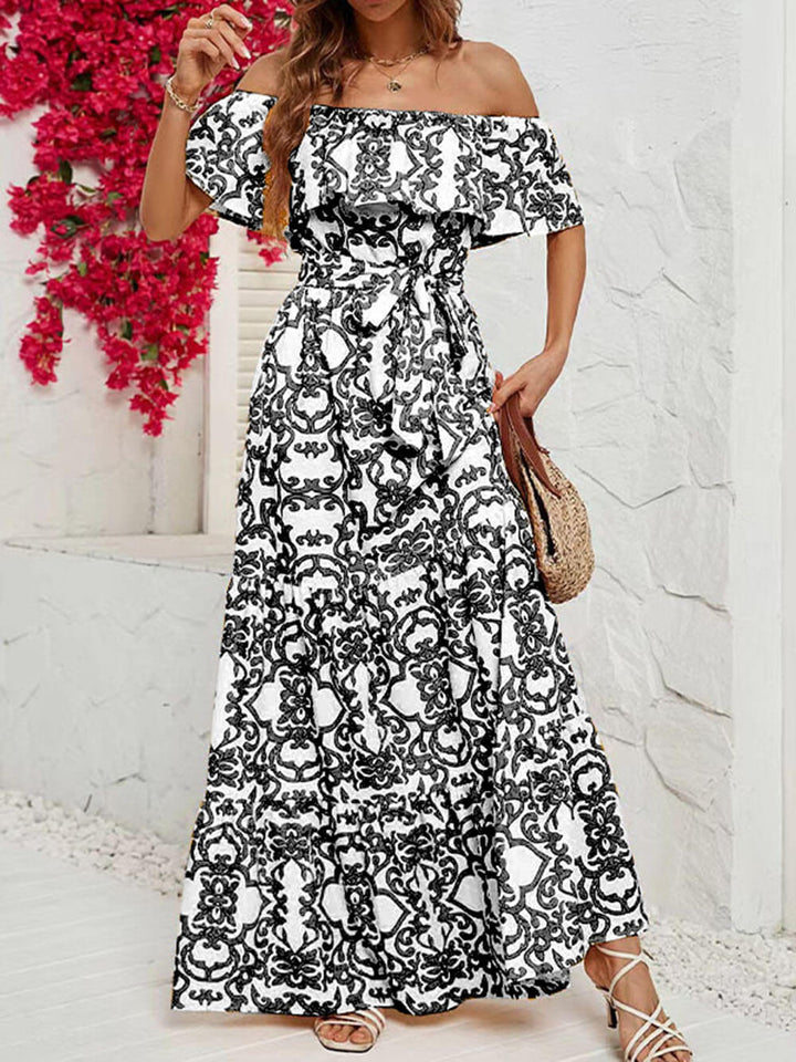 One-Shoulder Short-Sleeve Printed Ruffle Maxi Dress - Seldom Seen Styles