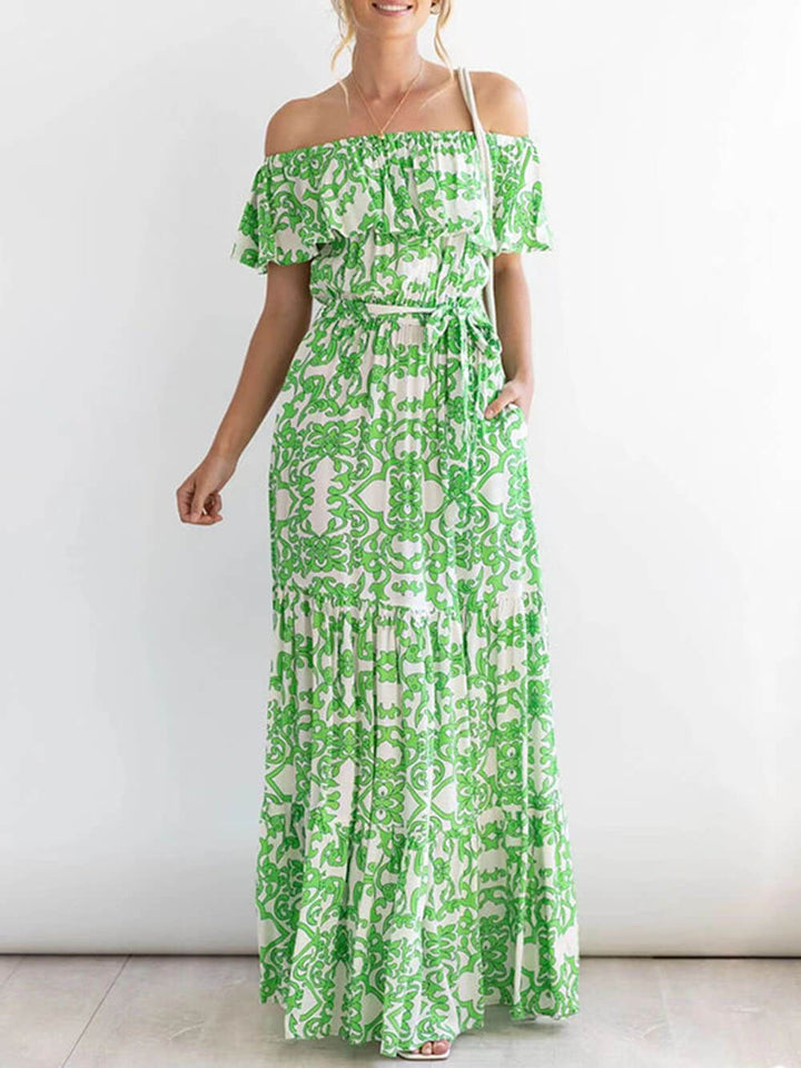 One-Shoulder Short-Sleeve Printed Ruffle Maxi Dress - Seldom Seen Styles