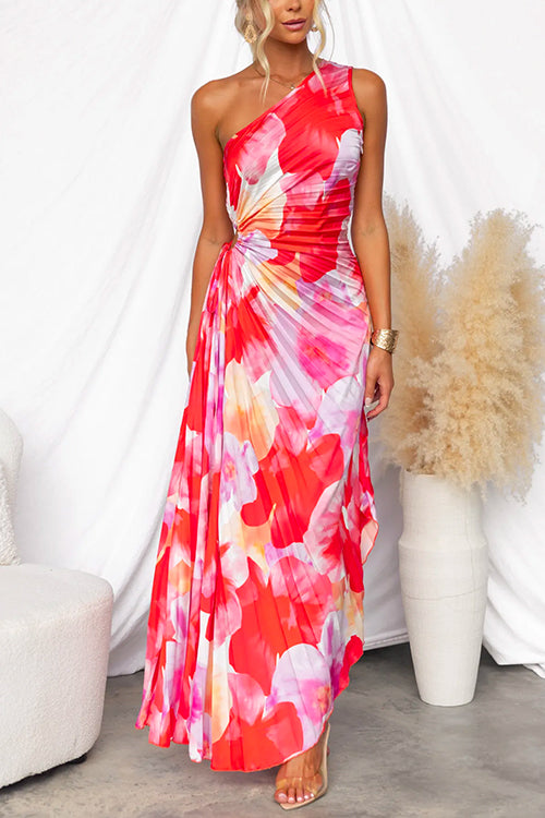 One Shoulder Sleeveless Print Asymmetric Maxi Pleated Dress - Seldom Seen Styles
