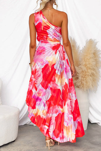 One Shoulder Sleeveless Print Asymmetric Maxi Pleated Dress - Seldom Seen Styles