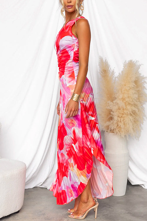 One Shoulder Sleeveless Print Asymmetric Maxi Pleated Dress - Seldom Seen Styles