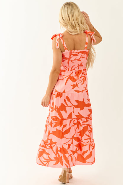 Peach Abstract Print Tie Straps Midi Dress