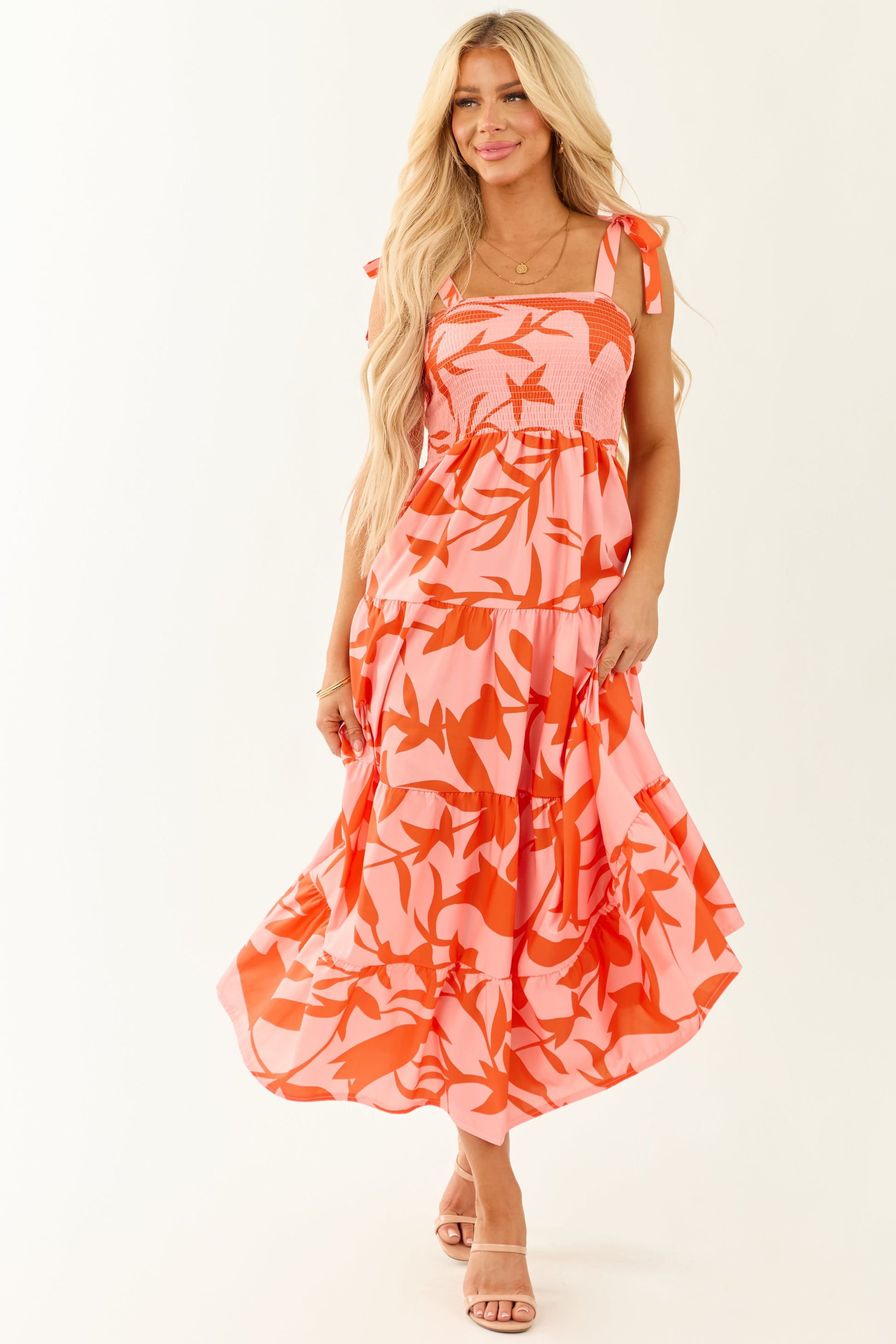 Peach Abstract Print Tie Straps Midi Dress