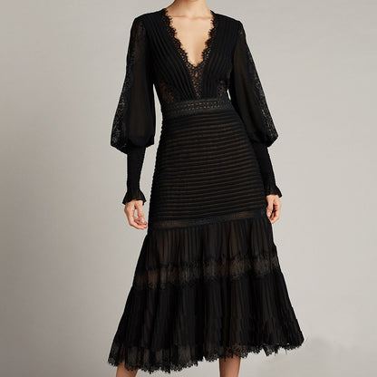 Petra V Neck Lace Midi Dress Elegant Long Sleeve Lace Embroidery Deep V Black Evening Dress - Seldom Seen Styles