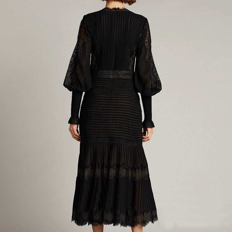 Petra V Neck Lace Midi Dress Elegant Long Sleeve Lace Embroidery Deep V Black Evening Dress - Seldom Seen Styles