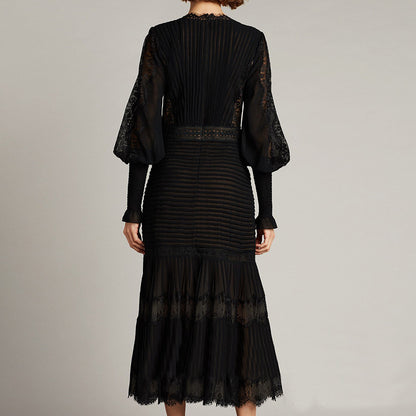 Petra V Neck Lace Midi Dress Elegant Long Sleeve Lace Embroidery Deep V Black Evening Dress - Seldom Seen Styles