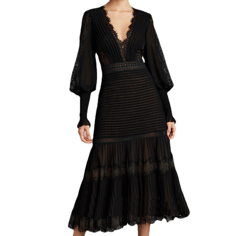 Petra V Neck Lace Midi Dress Elegant Long Sleeve Lace Embroidery Deep V Black Evening Dress - Seldom Seen Styles