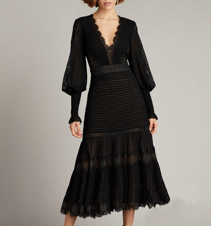 Petra V Neck Lace Midi Dress Elegant Long Sleeve Lace Embroidery Deep V Black Evening Dress - Seldom Seen Styles
