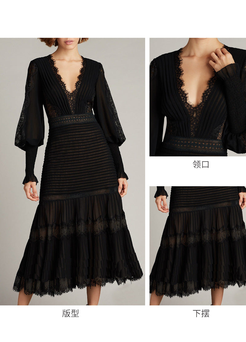 Petra V Neck Lace Midi Dress Elegant Long Sleeve Lace Embroidery Deep V Black Evening Dress - Seldom Seen Styles