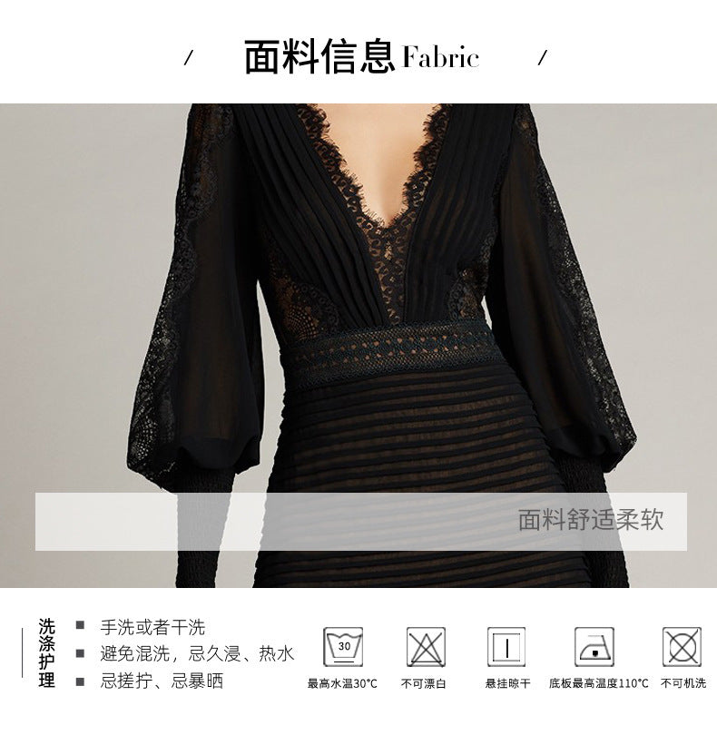 Petra V Neck Lace Midi Dress Elegant Long Sleeve Lace Embroidery Deep V Black Evening Dress - Seldom Seen Styles