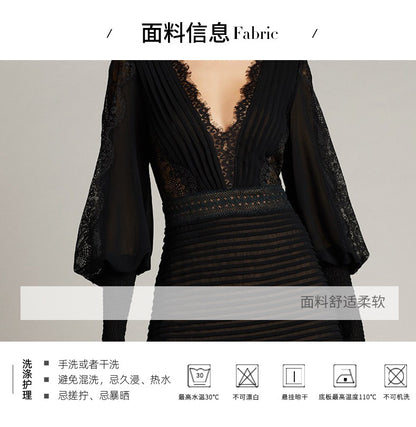 Petra V Neck Lace Midi Dress Elegant Long Sleeve Lace Embroidery Deep V Black Evening Dress - Seldom Seen Styles