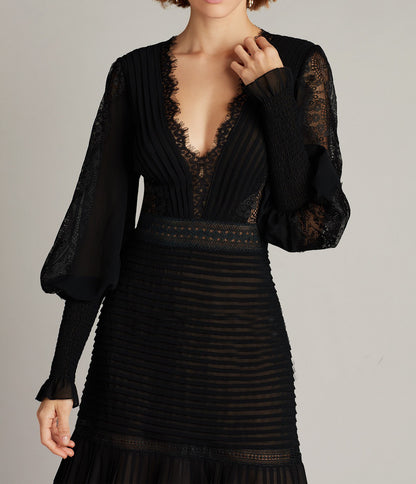 Petra V Neck Lace Midi Dress Elegant Long Sleeve Lace Embroidery Deep V Black Evening Dress - Seldom Seen Styles