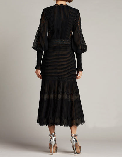 Petra V Neck Lace Midi Dress Elegant Long Sleeve Lace Embroidery Deep V Black Evening Dress - Seldom Seen Styles