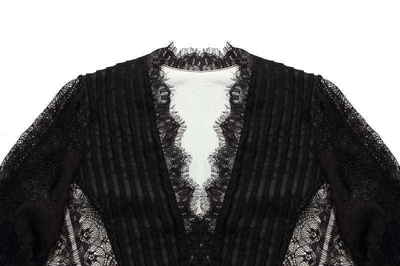 Petra V Neck Lace Midi Dress Elegant Long Sleeve Lace Embroidery Deep V Black Evening Dress - Seldom Seen Styles