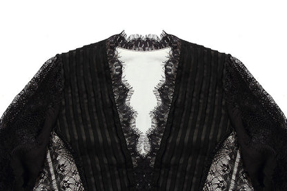 Petra V Neck Lace Midi Dress Elegant Long Sleeve Lace Embroidery Deep V Black Evening Dress - Seldom Seen Styles