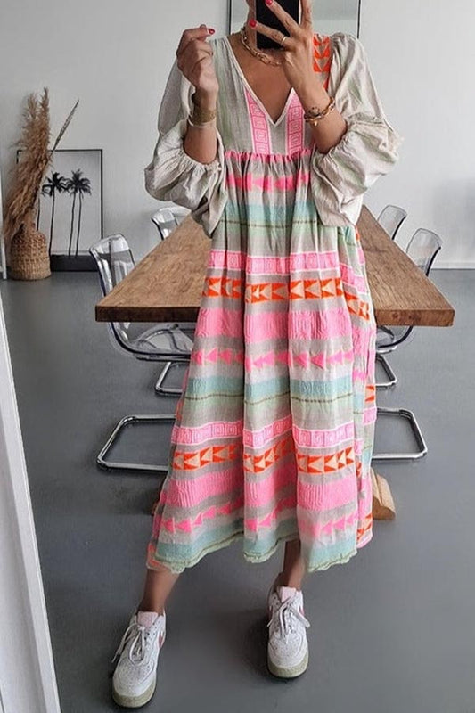 Pink Greek Key and Orange Chain Striped Print Midi Dress - Seldom Seen Styles