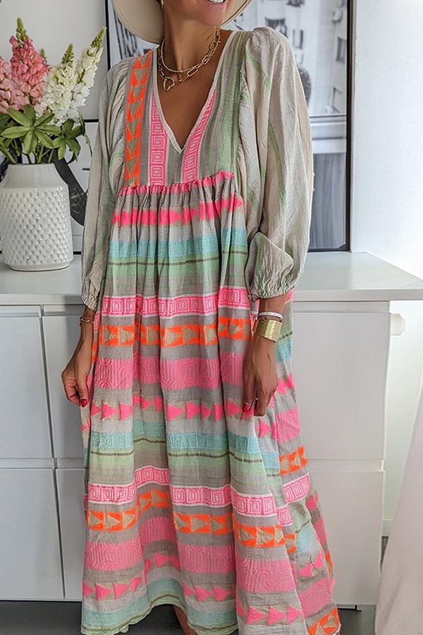 Pink Greek Key and Orange Chain Striped Print Midi Dress - Seldom Seen Styles
