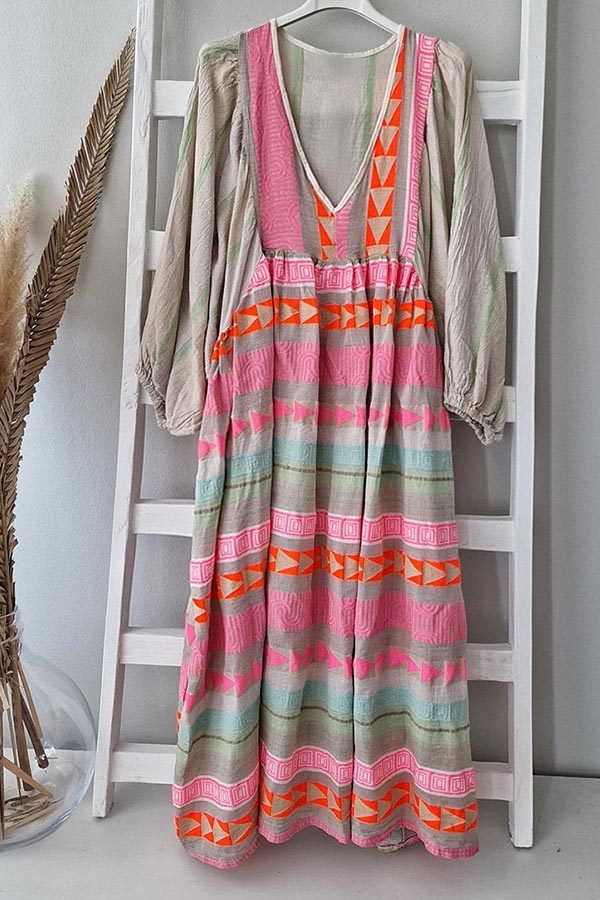 Pink Greek Key and Orange Chain Striped Print Midi Dress - Seldom Seen Styles
