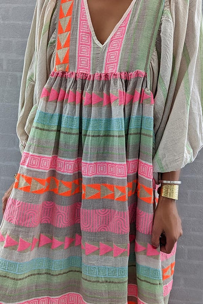 Pink Greek Key and Orange Chain Striped Print Midi Dress - Seldom Seen Styles