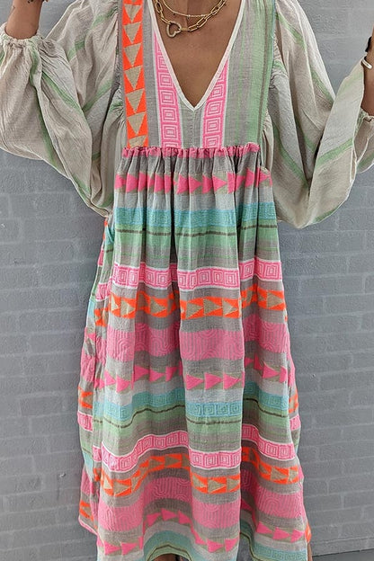 Pink Greek Key and Orange Chain Striped Print Midi Dress - Seldom Seen Styles