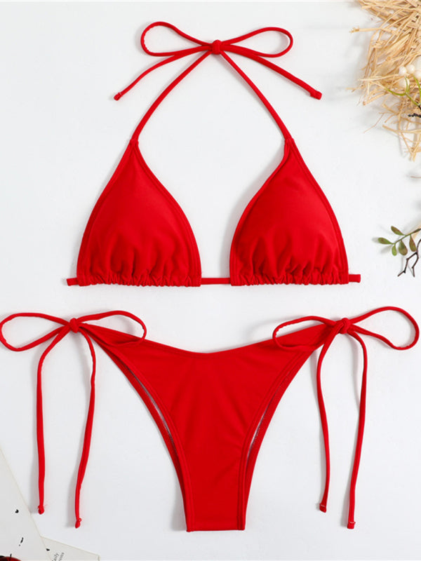 Plain color split strap women's sexy triangle bikini - Seldom Seen Styles