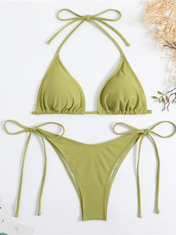 Plain color split strap women's sexy triangle bikini - Seldom Seen Styles