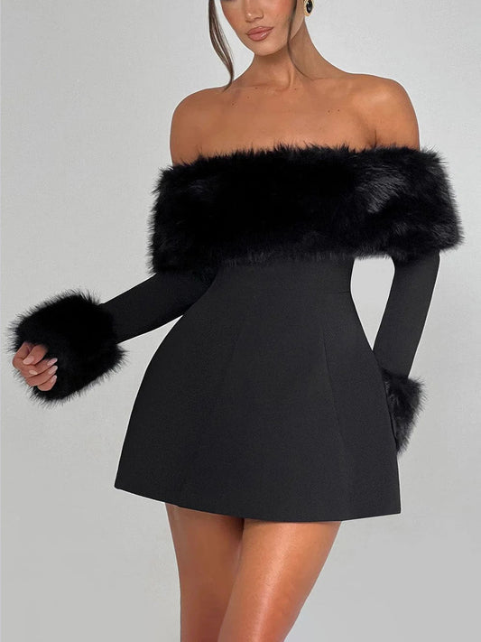 Playful Faux Fur Neckline A-Line Mini Dress - Seldom Seen Styles