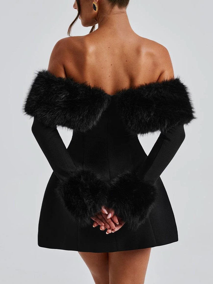 Playful Faux Fur Neckline A-Line Mini Dress - Seldom Seen Styles