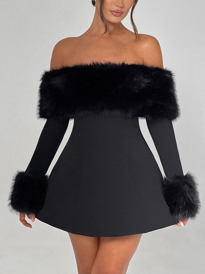 Playful Faux Fur Neckline A-Line Mini Dress - Seldom Seen Styles