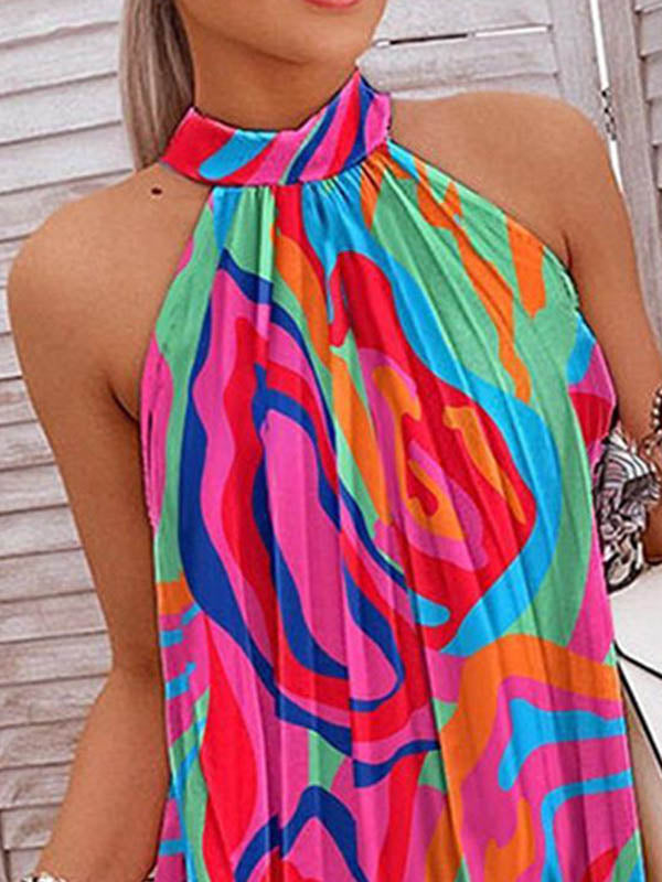 Pleated Printed Loose Plus Size Halter-Neck Short Dresses Mini Dresses - Seldom Seen Styles