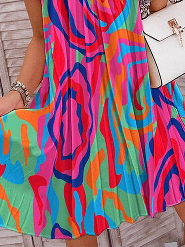 Pleated Printed Loose Plus Size Halter-Neck Short Dresses Mini Dresses - Seldom Seen Styles