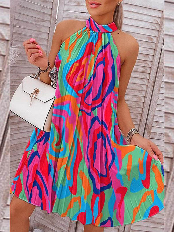 Pleated Printed Loose Plus Size Halter-Neck Short Dresses Mini Dresses - Seldom Seen Styles