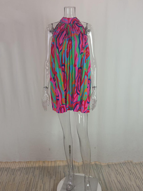 Pleated Printed Loose Plus Size Halter-Neck Short Dresses Mini Dresses - Seldom Seen Styles