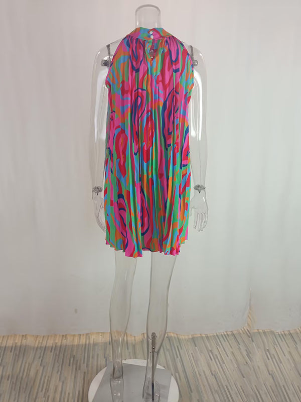 Pleated Printed Loose Plus Size Halter-Neck Short Dresses Mini Dresses - Seldom Seen Styles