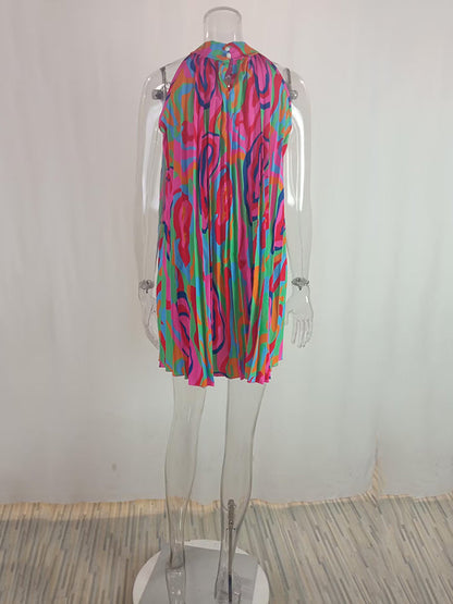Pleated Printed Loose Plus Size Halter-Neck Short Dresses Mini Dresses - Seldom Seen Styles