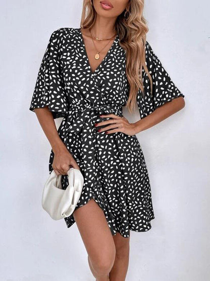 Pleated Printed Ruffled Tied Waist Half Sleeves Loose V-neck Mini Dresses - Seldom Seen Styles