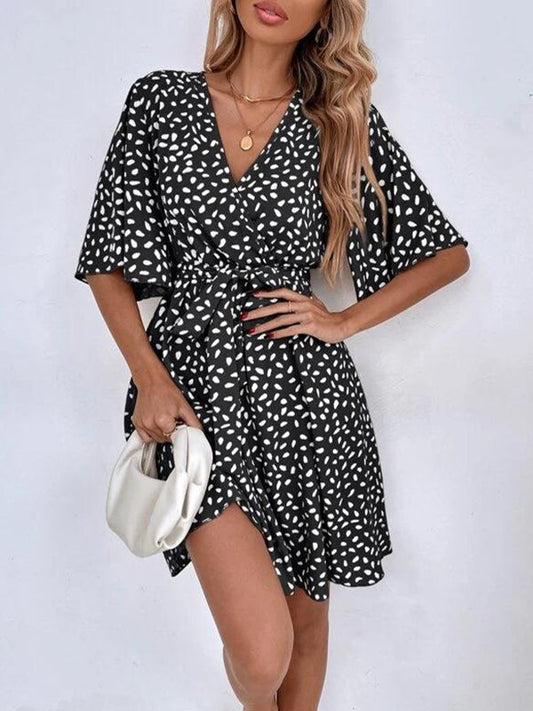 Pleated Printed Ruffled Tied Waist Half Sleeves Loose V-neck Mini Dresses - Seldom Seen Styles