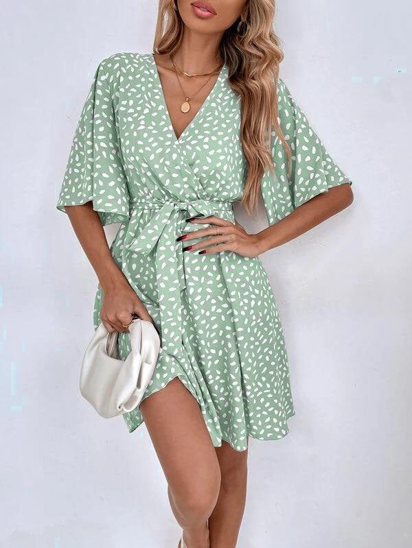 Pleated Printed Ruffled Tied Waist Half Sleeves Loose V-neck Mini Dresses - Seldom Seen Styles