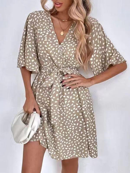 Pleated Printed Ruffled Tied Waist Half Sleeves Loose V-neck Mini Dresses - Seldom Seen Styles