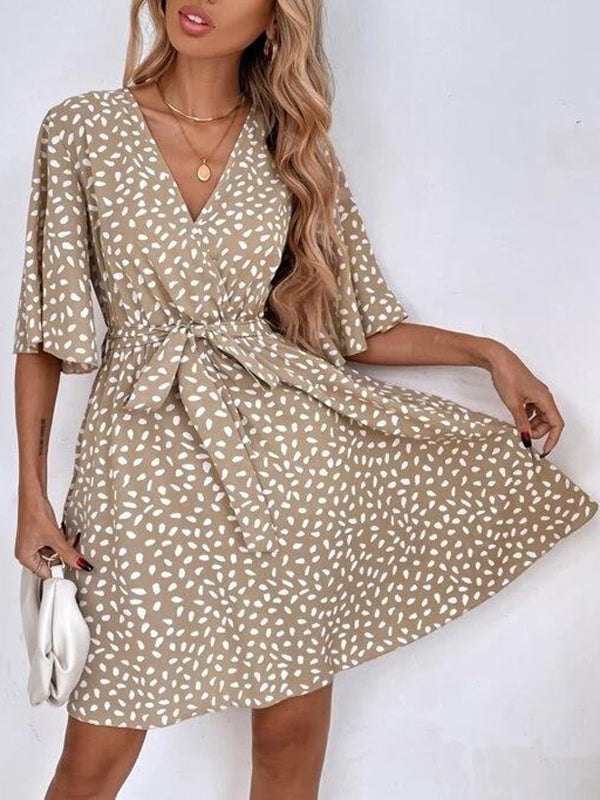 Pleated Printed Ruffled Tied Waist Half Sleeves Loose V-neck Mini Dresses - Seldom Seen Styles