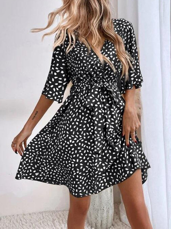 Pleated Printed Ruffled Tied Waist Half Sleeves Loose V-neck Mini Dresses - Seldom Seen Styles