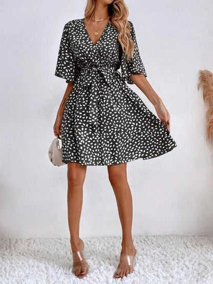 Pleated Printed Ruffled Tied Waist Half Sleeves Loose V-neck Mini Dresses - Seldom Seen Styles