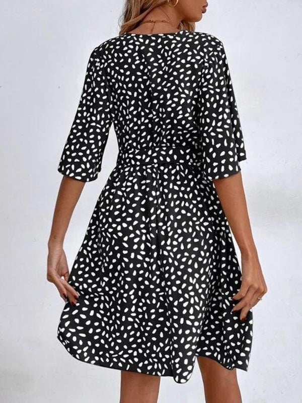 Pleated Printed Ruffled Tied Waist Half Sleeves Loose V-neck Mini Dresses - Seldom Seen Styles