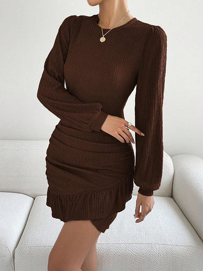 Pleated Ruffle Trim Solid Color Split-Joint Bodycon Long Sleeves Round-Neck Mini Dresses - Seldom Seen Styles