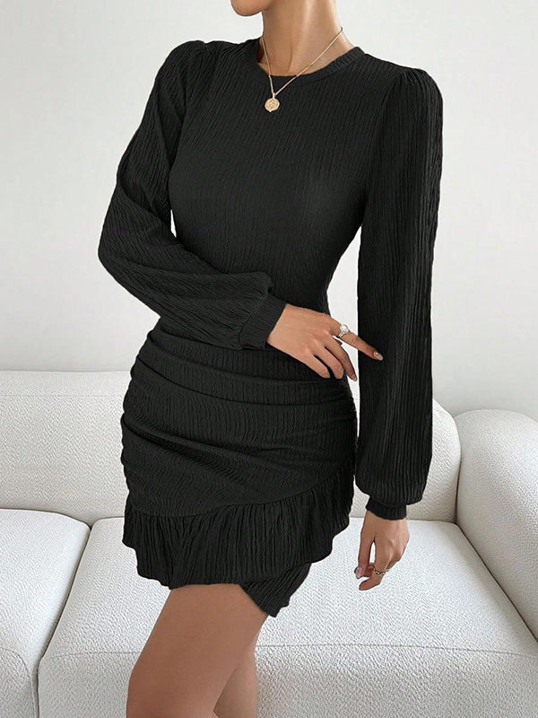 Pleated Ruffle Trim Solid Color Split-Joint Bodycon Long Sleeves Round-Neck Mini Dresses - Seldom Seen Styles
