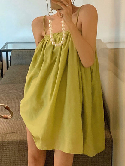Pleated Solid Color Loose Sleeveless Spaghetti-Neck Slip Dress Mini Dresses - Seldom Seen Styles
